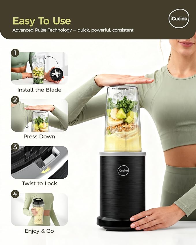 iCucina Smoothie Blender, 1000W Personal Blender for Shakes and Smoothies with 2 x 37oz Protable Cups and Lids, Single Serve Blenders for Ice Crushing, Bean Grinding, Frozen Fruit Drinks, Black