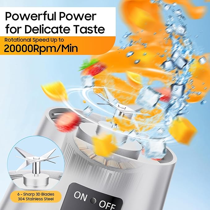 Portable Blender for Shakes and Smoothies - Newly Upgraded 13 Oz Mini Blender with 6 Blades, USB & Type-C Rechargeable, Suit for Making Fresh Juice, Convenient for Travel Sports