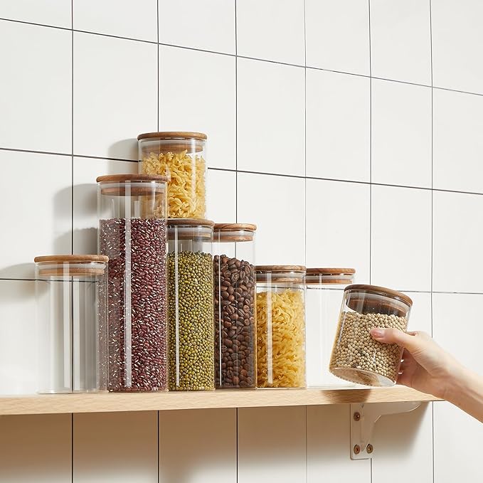 Qinyoung Glass Storage Jars with Wooden Lids, 4 Sizes Food Storage Containers Clear Stackable Canisters Airtight Glass Jars for Candy Cookie (Clear, Dark Brown, 15oz 25oz 34oz 42oz, 24 Pcs)