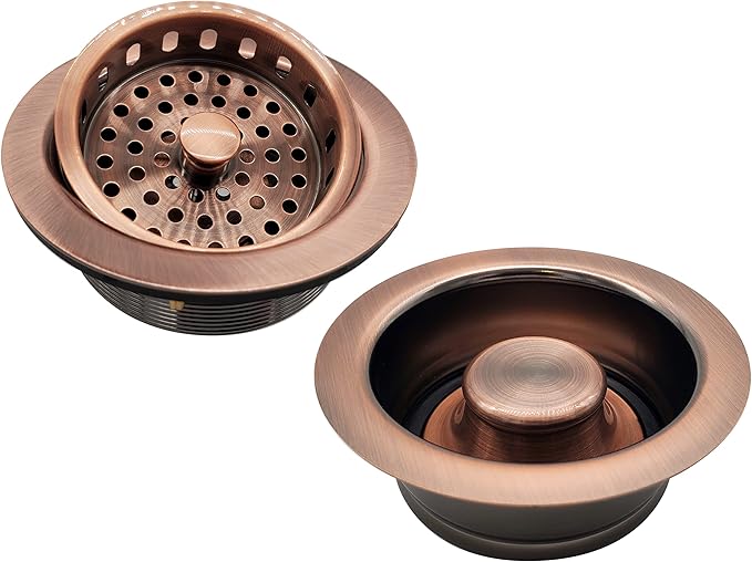 Westbrass A2165-11 4-1/4" OD Post Style Large Kitchen Basket Strainer with Waste Disposal Flange and Stopper Drain Set, Antique Copper