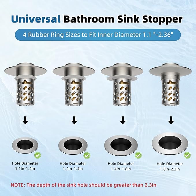 iFealClear 2 Pack Metal Bathroom Sink Stopper, Pop Up Sink Drain Strainer with Removable Stainless Steel Filter Basket, Universal for 1.1"-2.36" Sink, Brass Bounce Core, Hair Catcher, Brushed Nickel