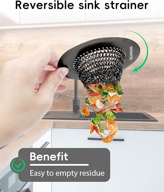 TRAPMATE Sink Drain Strainer, Reversible Chain Mesh Kitchen Sink Drain Strainer, Easy Clean 304 Stainless Steel Sink Strainer for Food Catcher Garbage Disposal, Black