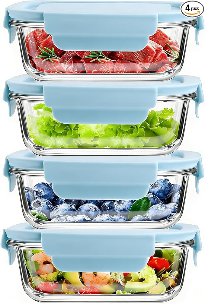4Pack 13oz/0.37L Glass Meal Prep Containers with Lids, Glass Storage Containers with Lids, BPA-Free, Pantry Organizers and Storage, Freezer to Oven Safe (Light blue)