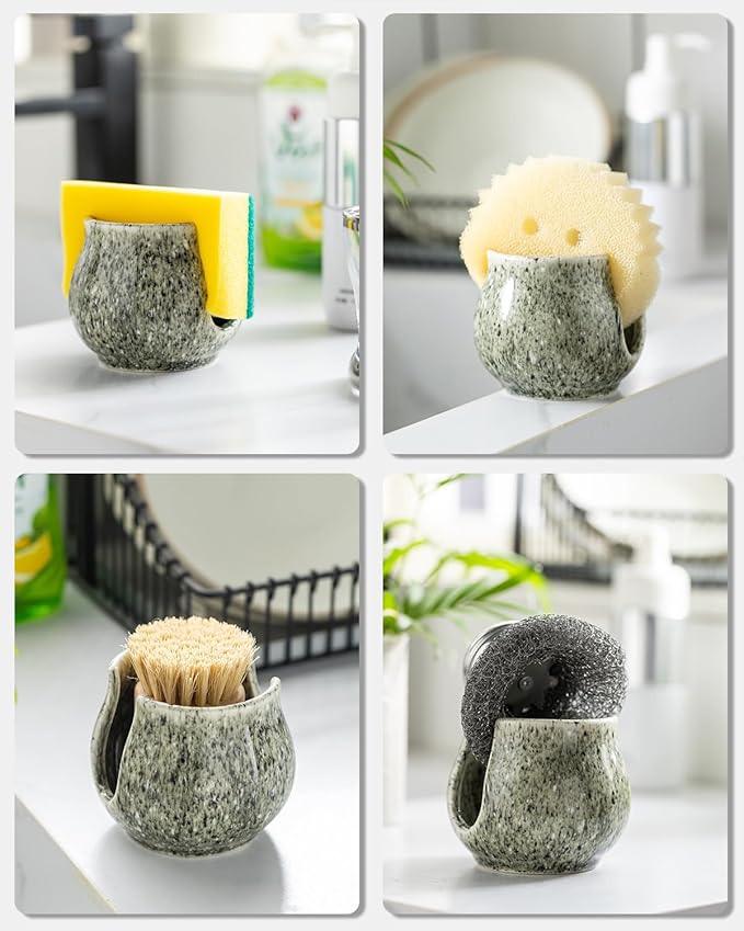 Zoeeker Ceramic Sponge Holder, Kitchen Sponge Holder Sink Caddy Organizer Dish Rack for Kitchen Sink Suction, Bathroom, Brush, Special Gray