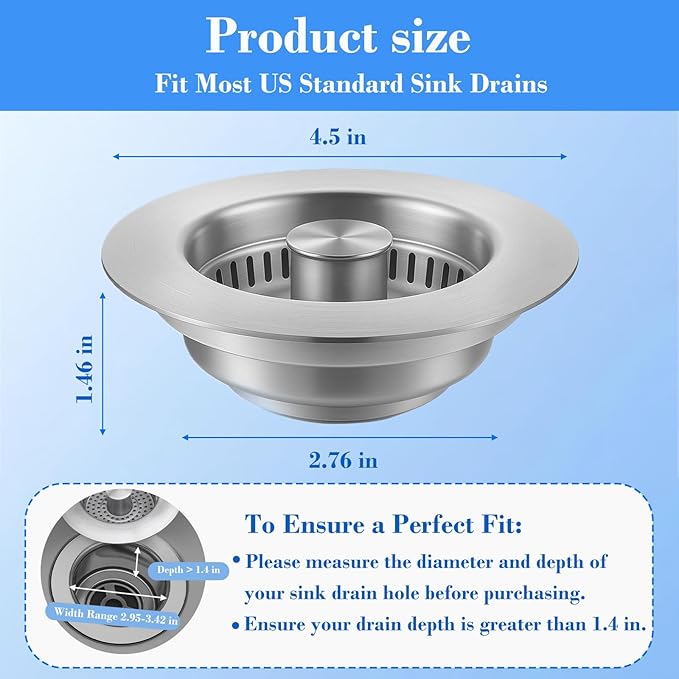 Upgraded 3-in-1 Kitchen Sink Drain Strainer with Solid Brass Core, Fast-Drain Pop-Up Sink Stopper, 304 Stainless Steel, Removable Anti-Clog Basket, for US Standard 3-1/2'' Drains (2 Pack)