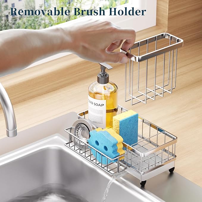 Consumest Sponge Holder for Kitchen Sink - Auto Draining Sink Caddy Organizer with Detachable Rack, High Brush Holder, Kitchen Countertop Storage Accessories, Silver