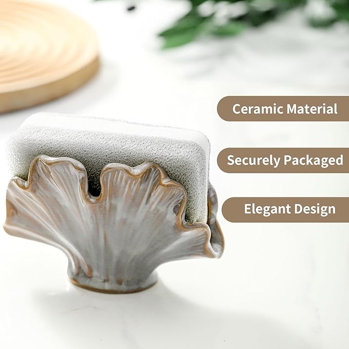 Uiddo Ceramic Sponge Holder,Sponge Holder for Kitchen Sink,Compact Sink Caddy Organizer-Scouring Pad and Dish Holder,Farmhouse Kitchen Decor Cute Gadgets Accessories(Brown Grey)