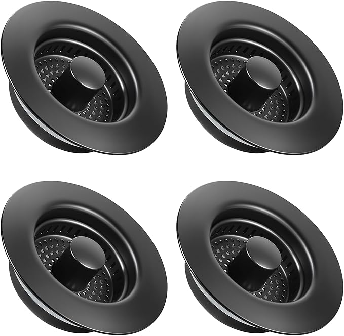 Kitchen Sink Drain Strainer 4 Pack, 304 Stainless Steel Pop Up Sink Stopper, Anti-Clogging Sink Drain Strainer for US Standard Kitchen Drain (Matte Black)
