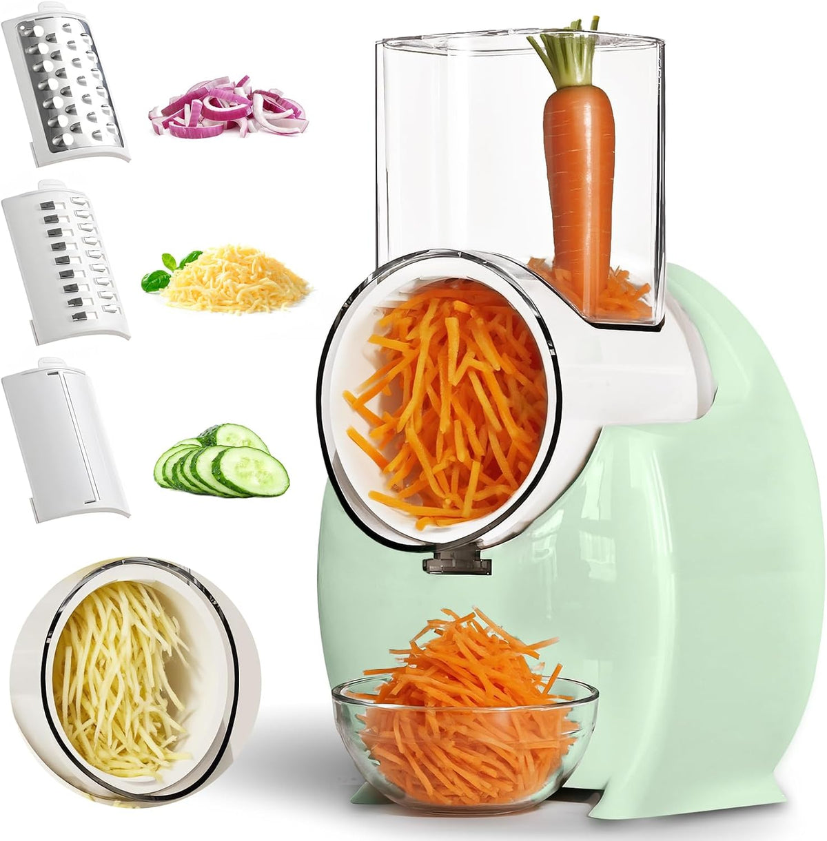 Electric Cheese Grater for Block Cheese - 3 in 1 Rotary Cheese Grater Electric Rotary Grater Salad Shooter Electric Slicer for Cheeses, Fruits, Vegetables and Nuts (Green)