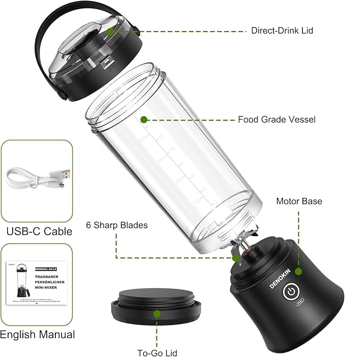 DENOKIN Portable Blender with Drinking Lid, 16oz, Cordless Blender for On-the-Go, Rechargeable via USB-C, Black