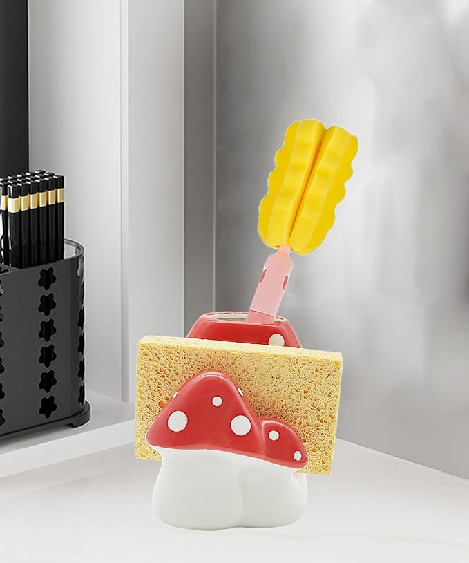 Mushroom Sponge Holder for Kitchen Sink Cute Kitchen Decor Mushroom Decor Ceramic Dish Sponge Brush Holder Kitchen Accessories Mushroom Gifts (Red)