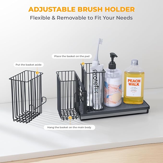 KONE Kitchen Sink Caddy: Sponge Holder for Kitchen Sink Counter with Instant Drying Stone and High Brush Holder, Rustproof Stainless Steel Sponge Holder for Sponges, Scrubbers, Soap (Black)