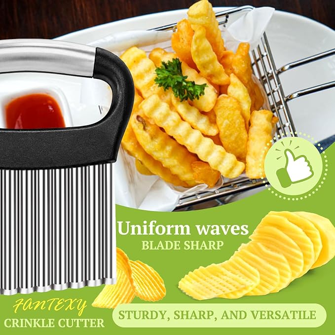 FANTEXY Crinkle Cutter for Veggies, Stainless Steel French Fry Cutter for Potatoes Cucumbers Carrot, Wavy Chopper Waffle Fry Cutter, Black