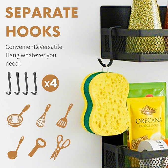 3 Pack Magnetic Spice Rack for Refrigerator,Fridge Magnet Organizer with Moveable 4 Hooks, Include Paper Towel Holder,Magnetic Shelves for Kitchen Organization and Storage