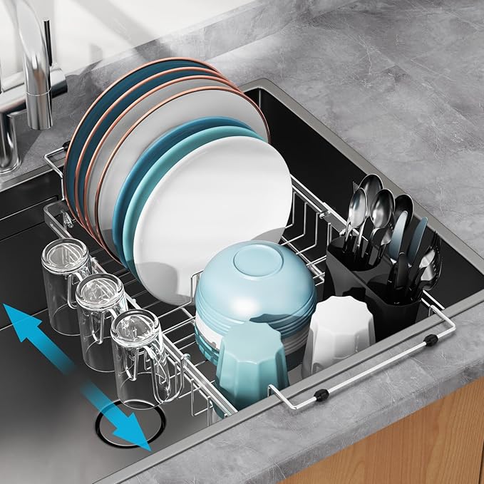 GSlife Expandable Over the Sink Dish Drying Rack with Cup Holder - Stainless Steel Dish Drainer with Locking Knob, Size Adjustable Dryer Strainer for Kitchen, Fit Sink 10.8"-17.9" L, Silver