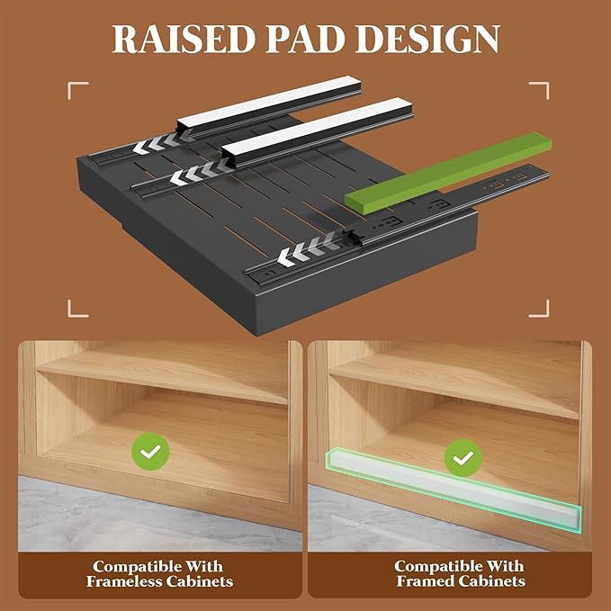 Seinloes 4 Pack Expandable Pull Out Cabinet Organizer 21"Deep With Raising Pad for Framed Cabinets,Upgrade 3 Slide Rails Slide Out Drawers,No Drill Roll Out Shelves,Adjustable Width 12.1"-20.4" Black
