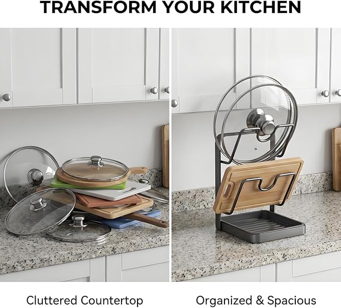 Pot Lid Organizer Holder Rack for While Cooking Under Cabinet Crockpot Pan and Storage Crock Spoon Rest with Kitchen Top Double U-Shaped Slots Steel Countertop Counter Stainless Stand Drip Tray