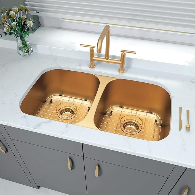 LQS Kitchen Sink Drain Assembly, Sink Drain Basket Strainer 304 Stainless Steel with Removable Sink Strainer Basket and Stopper 3-1/2-inches Gold
