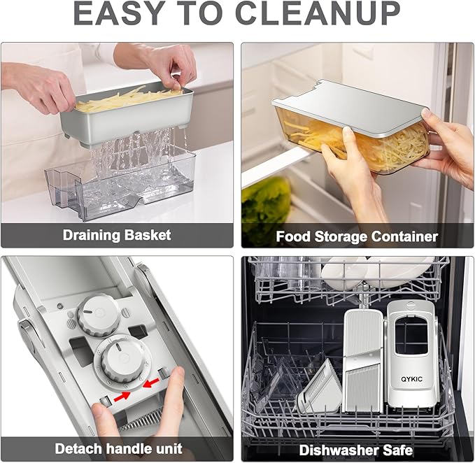 8 in 1 Mandoline Slicer for Kitchen, Vegetable Chopper, Potato Slicer, Fry Cutter Onion Chopper with Drain Basket Food Container with Lid, Stainless Steel Cheese Grater for Quick Meal Pre (Gray)