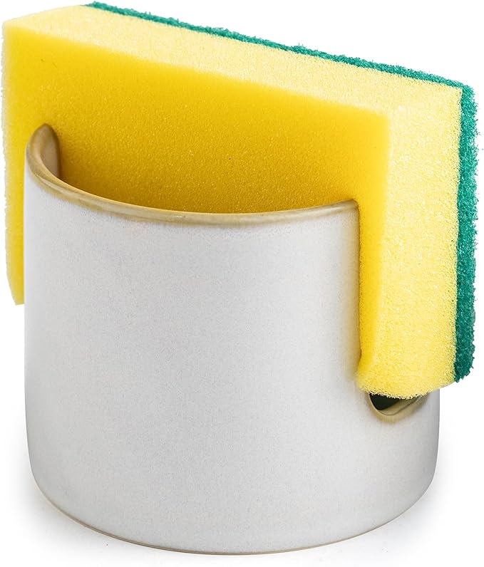 Zoeeker Sponge Holder for Kitchen Sink, Ceramic Dish Sponge Drying Caddy Scrubby Daddy Kitchen Organizer Cute Dish Rack for Sink Counter, Beige White