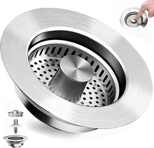 3 in 1 Kitchen Sink Drain Strainer, Universal Pop Up Stopper with Brass Core & Removable Stainless Steel Filter Basket