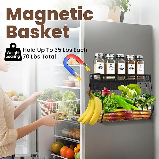 2 Set Magnetic Shelf Basket for Fridge, Magnetic Spice Rack Fruit Onion and Potato Storage Bins with Mesh Lid, Pantry Organizers and Storage, Kitchen Counter Organizer for Produce