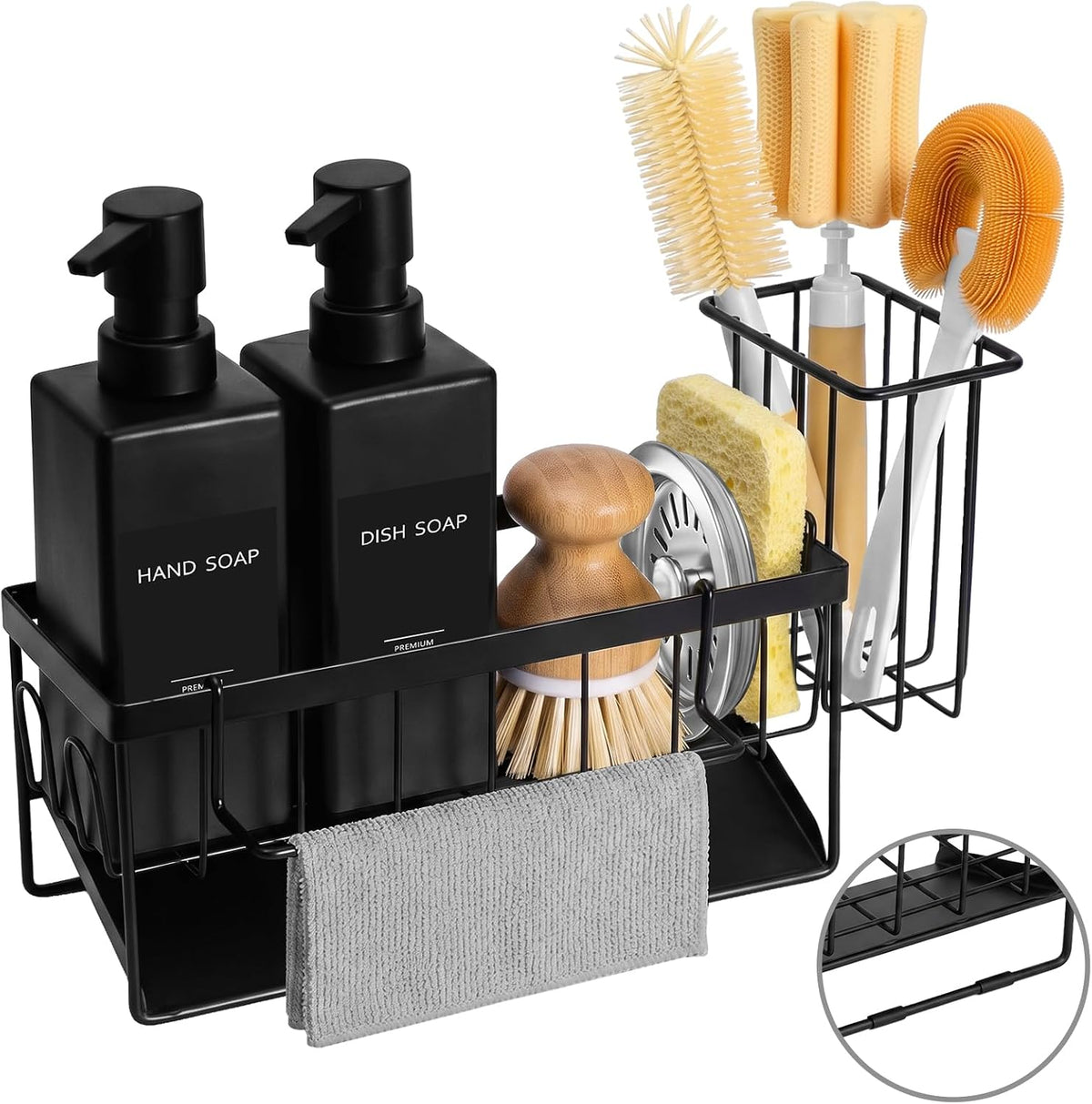Dish Soap Dispenser, 12 fl oz / 350 ml Dual Kitchen Soap Dispensers with Sponge Holder, Customized Matte Black Kitchen Soap Dispenser Set, Modern Hand and Dish Soap Bottle Set Removable