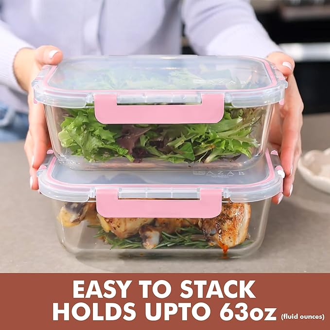 Razab 2 Pcs 1860ml / 63 Oz Large Glass Food Storage Containers with Lids - Glass Meal Prep Containers with Locking Lids for Roasting, Storing Leftover, Lunch Container, BPA Free, Microwave & Oven Safe