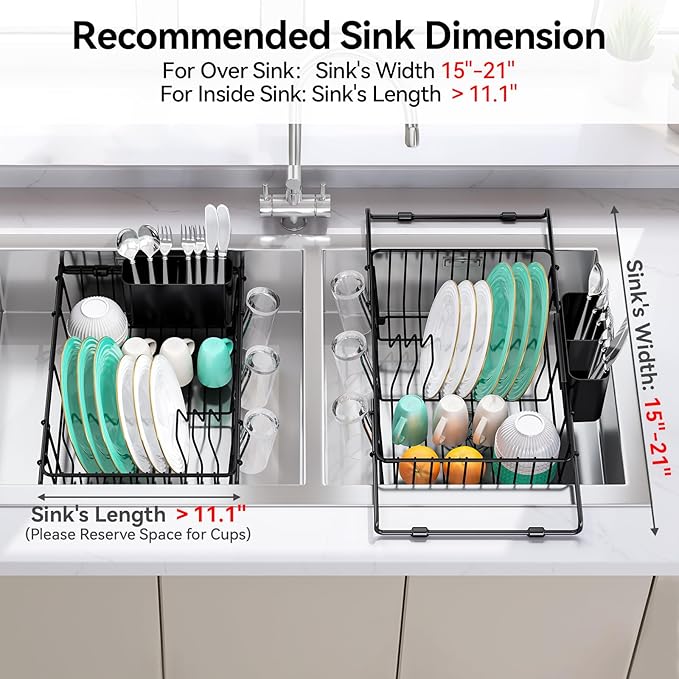 Urackify Dish Drying Rack in Sink, Expandable (15.35"-23.23" L) Over the Sink Dish Rack with Utensil Holder & Cup Holder for Compact Kitchen, Space - Saving Dish Drainer for Inside Sink, Black