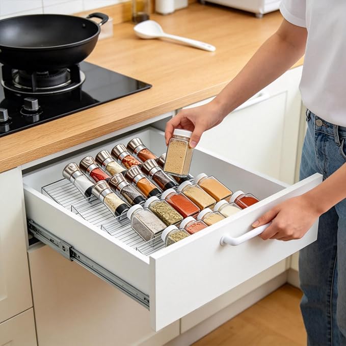 8 Pack Spice Drawer Organizer, Acrylic Spice Rack Expandable From 9" to 18", Clear Seasoning Organizer Tray for Kitchen Holds up to 48 Jars (Jars Not Included)