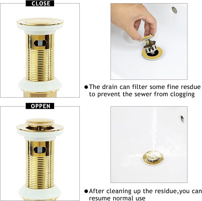 Bathroom Sink Drain,Drain Stopper Gold Stainless Steel Bathroom Sink with Overflow,Small Cap Pop Up Drain Assembly with Detachable Strainer Basket,Built-in Anti-Clogging
