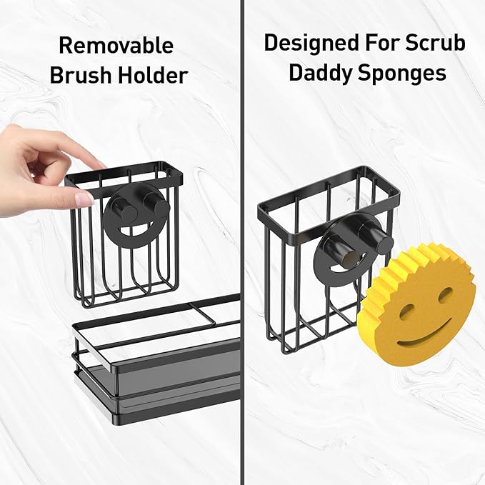Moforoco Kitchen Dish Soap Dispenser Set, 16OZ Glass Bottle, Hand and Dish Soap Dispenser Set, Instant Dry Tray, Brush Holder with Smiley Face Sponge Holder (Black Tray+Amber Bottle)