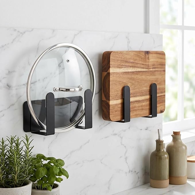 Pot Lid Rack, Wall Mounted 304 Stainless Steel Multi-Functional Storage Holder, Fits Cutting Boards, Pot Lids, Bathroom Scales, Self-Adhesive & Screw Mounting(Black, Set of 2)