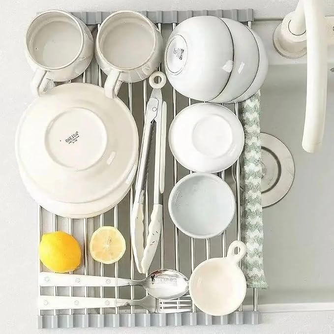 Over-The-Sink Roll Up Dish Drying Rack, 18.5" x 13.5" Foldable Stainless Steel Dish Drainer Mat, Sink Cover & Heat-Resistant Kitchen Organizer (Grey)