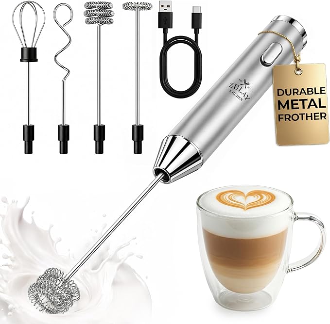 Zulay Kitchen Rechargeable Milk Frother Handheld - Frother Wand, Drink Mixer, Electric Whisk Frother, for Cappuccinos, Matcha & Protein Powder - Ultra Metal 3 Whisk, 1800mAh Silver