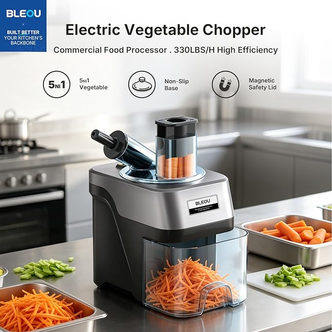 BLEOU 5-in-1 Commercial Electric Vegetable Chopper, 330LBS/H Heavy Duty Food Dicer & Veggie Slicer with Magnetic Safety Lid, Stainless Steel Blades, Ideal for Restaurant & Kitchen