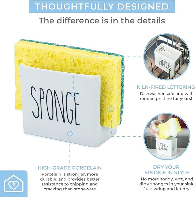 Heartland Home Porcelain Sponge Holder for Kitchen Sink. Compact Sink Caddy Organizer - Scrub Daddy Compatible Dish Sponge Holder. Ceramic Black and White Kitchen Decor and Cute Kitchen Accessories