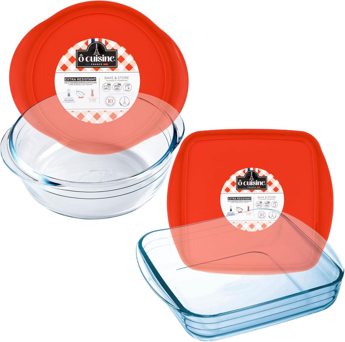 Borosilicate Casserole Dish with Lid Set, Square + Round