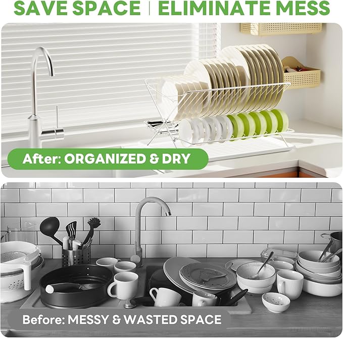 Over The Sink Dish Drying Rack, Collapsible 3 Tier Dish Racks for Kitchen Counter, Stainless Steel Large Capacity Space-Saving Sink Shelf Organizer with Utensil Holder and Drainboard (Upgraded)