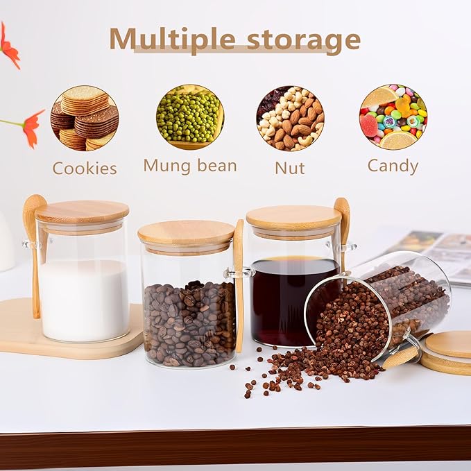 Overnight Oats Containers with Lids and Spoon [Thickened Version], Glass Jars with Bamboo Lids, 4 Pack 18 ozOatmeal and Salad Meal Prep Containers,Chia Seed Pudding Jars