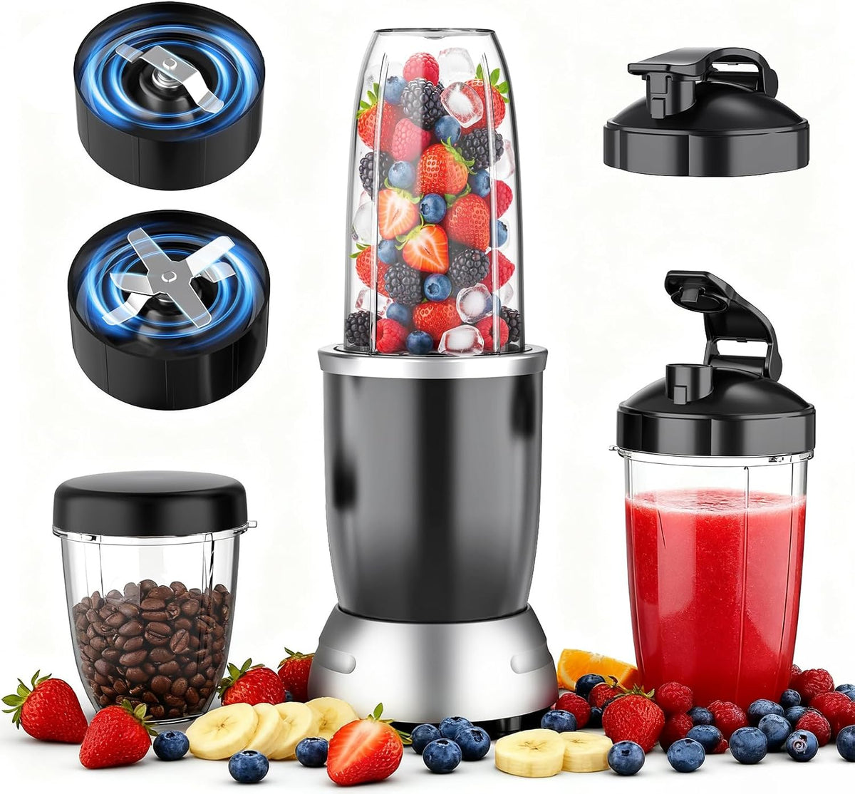Smoothie Blender, 25000 RPM Portable Blender for Smoothies, Countertop Blenders for Kitchen with 37oz, 32oz, 23oz Personal Blenders Cups, 2 Spout Lids & 1 Resealable Lid for Crushing (Black-silver)