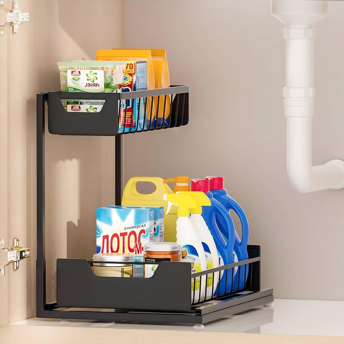 Under Kitchen Sink Organizers and Storage, Black, 1 Pack