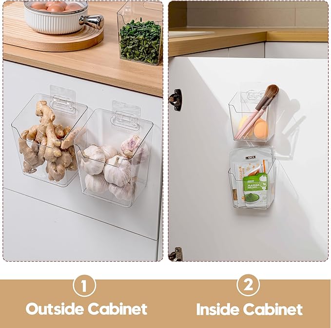 2-Pack Kitchen Cabinet Door Organizer Adhesive, Hanging Storage Bins, Stick on Wall Storage Container, Bathroom Floating Bins Wall Mounted Organizer Under Sink Caddy for Pantry Storage, Office, Dorm