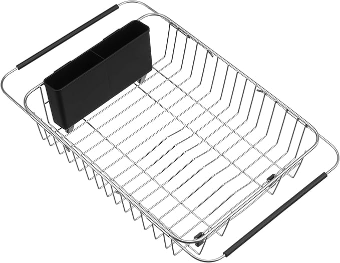 SANNO Expandable Dish Drying Rack Over the Sink Dish Drainer Dish Rack in Sink or On Counter with Utensil Silverware Storage Holder, Rustproof Stainless Steel