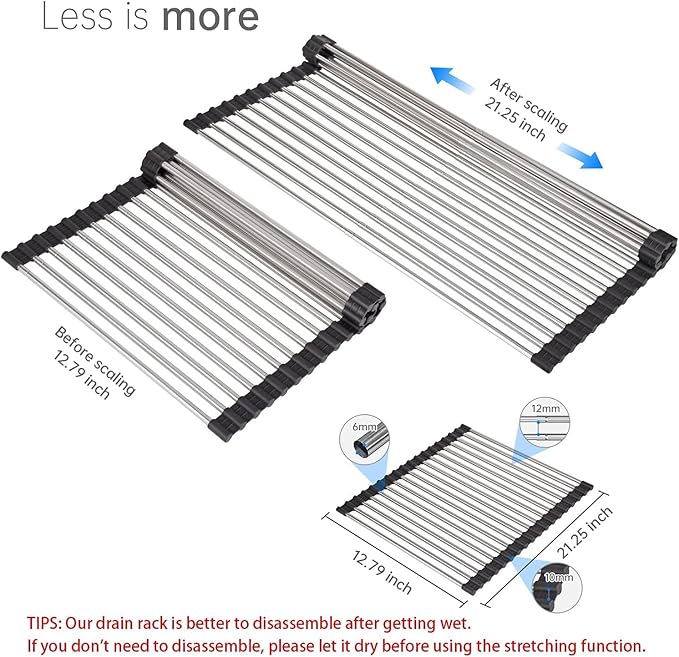 Expandable Roll Up Dish Drying Rack Over The Sink Rack, Large Dish Drainer Rack for Stainless Steel Sinks, Non-Slip Silicone Collapsible Rack 18 Tube for Kitchen,Sliver