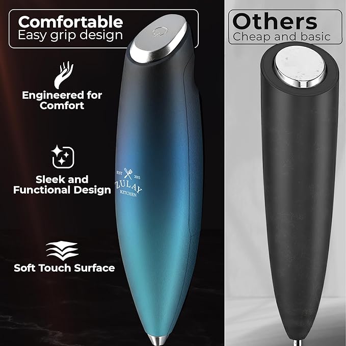 Zulay Kitchen Powerful Milk Frother Wand With Duracell Batteries - Ultra Fast Handheld Drink Mixer - Electric Whisk Foam Maker for Coffee, Lattes, Cappuccino & Matcha - Triple Whisk - Ocean Depth