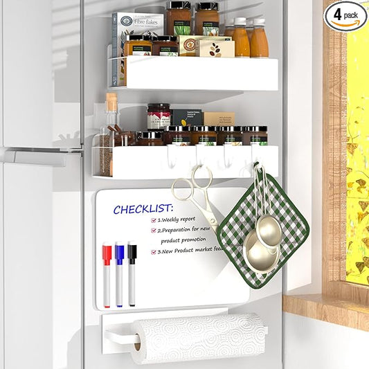 4 Pack Magnetic Spice Rack for Refrigerator,Metal Magnetic Shelf White with Paper Towel Holder,Whiteboard,3 Markers,4 Hooks,Space Saving for Home,Kitchen