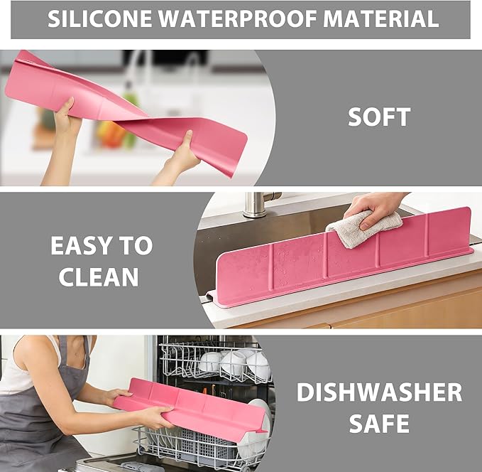 23Inch Sink Splash Guard – Extended Length & Tall Silicone Kitchen Sink Splash Guard with Overhang Drainage Design & Strong Suction Cups for Countertop (Rose Pink, 23''x3.5'')