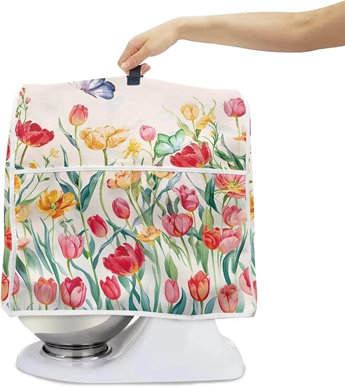 Floral Mixer Dust Cover | Waterproof & Machine Washable Protector with Handle & Pocket | Compatible with 4.5-5 Quart Stand Mixers