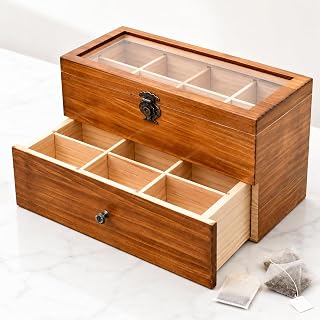 Wood Tea Bag Organizer, Storage Box with Clear Acrylic Window, 2-layer 14 Compartments Large Capacity Tea Bag Holders, Gift Idea
